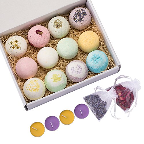 Ylass 12 Bath Bombs - Gift Set Ideas - Chamomile, Rose, Rosemary, Lavender, Strawberry, Milk, Apple, Orange, Lemon - Add to Bath Bubbles, Basket, Bath Beads - Bath Pearls