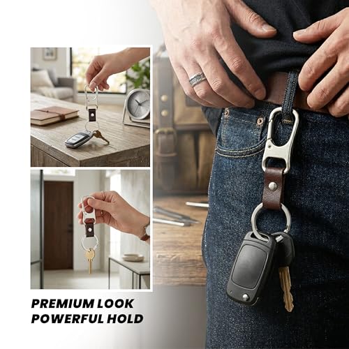 Image of Storite Premium Metal Carabiner Keychain with Leather Strap - Heavy Duty Clip Hook Key Holder with Key Ring for Car, Bike & House Keys, Belt Loop Organizer for Men & Women (Modern)
