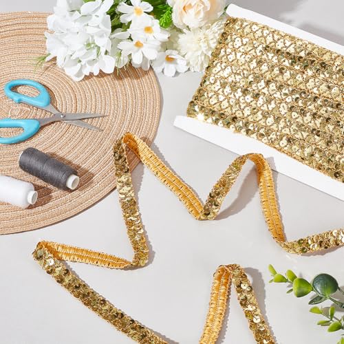 MAYJOYDIY 13m Sequin Lace Trim, 15mm Wide Light Gold Flat Round Paillette Ribbon - Image 4
