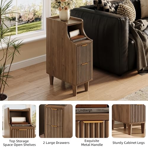 Image of Fluted Nightstands Set of 2,Narrow Bedside Table with 2 Drawers & Storage, Farmhouse Walnut End Table Modern Side Table for Bedroom Livingroom Sofa Office