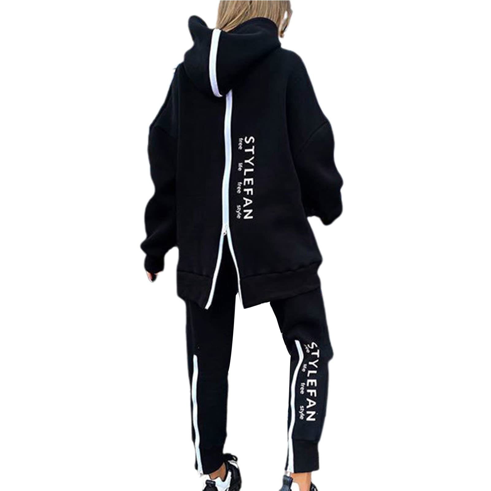 Tuta da donna, set completo da 2 pezzi, tinta unita, felpa con cappuccio e vestibilità ampia, set comodo per yoga, palestra, sport, corsa, set da salotto, 6 bianco, L