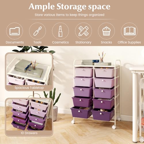 Image of LDAILY 10 Drawer Rolling Cart, Storage Cart Organizer on Wheels, Drawer Cart with Metal Frame & Large Storage Capacity, Rolling Cart with Drawers for Living Room Classroom, Office