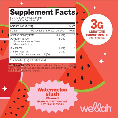 Image of Wellah Creatine for Women (Watermelon Slush) 30 Stick Packs, 3g Per Serving | With Dandelion, D-Mannose & Cranberry Extract, To-Go Packets
