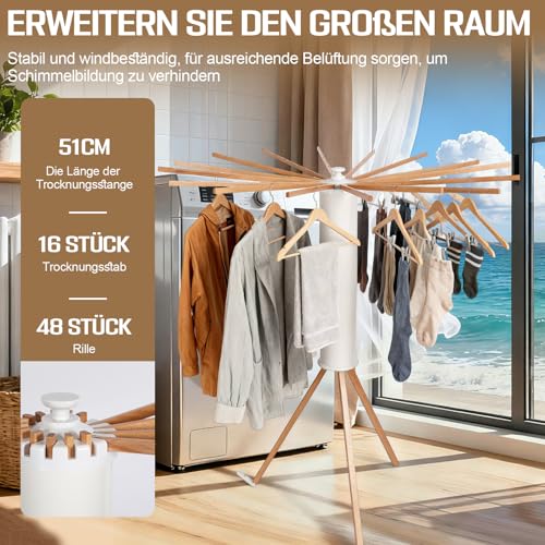 Wäscheständer Platzsparend, Faltbarer Wäschetrockner mit 16 Holzarmen & 48 Hängerplätzen, Modern Octopus Trockenständer, Tragbarer Stativ Kleiderständer für Balkon, Innenbereich, Waschküche (Weiß)