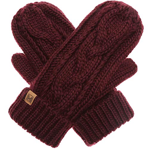 MIRMARU Women&rsquo;s Warm Winter Gloves Cozy Soft Cable Knit Mittens with Fleece Lining (Burgundy)