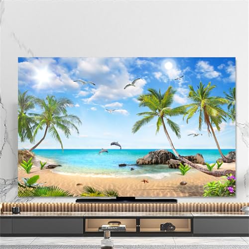 Copertura Antipolvere per TV Motivo Vista Mare 3D Copri Televisore 32-80inch Cover TV Elastica TV Protezione TV Universale 37-39inch Palma