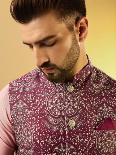 Image of KISAH Men Printed Kurta Jacket Set, Full Sleaves, Knee Length, Straight, Regular Fit, Mandarin Collar Ethnic Wear