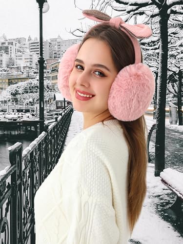 sy soul young Women's Ear Muffs Winter Warm fluffy cute Earmuffs with Bow Tie Foldable Cold Weather Faux Fur Ear Warmer Girl3