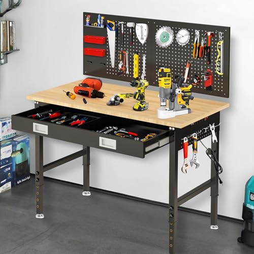 Image of 48 inch Workbench with Drawers, Adjustable Height Work Bench 2000 LBS Heavy-Duty Work Table Rubber Wood Work Station with Power Outlet & Pegboard for Garage, Office, Workshop, Home, Party Shop