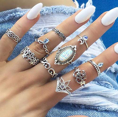 Crysly Boho Mid Knuckle Rings Silver Gemstone Flower Joint Finger Ring Moon Retro Stacking Rings Set for Women and Girls(10PCS)