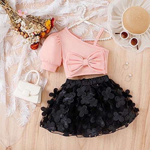 Roupa infantil com alça de ombro inclinada com laço e manga curta top floral saia pequena para menin