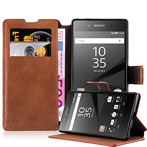 Cadorabo Hülle kompatibel mit Sony Xperia Z5 Handyhülle aus Premium Kunst Leder Flip Klappbare Stoßfeste Magnetische [Standfunktion] [Kartenfächern] Case Hülle für Sony Xperia Z5 Tasche in Braun