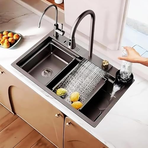 Image of COOTER 30 x 18 x 9 waterfall Kitchen Sink 304 Grade Anti Scratch Design With Integrated Waterfall And Pull-down Faucet Set & All Accessories For Kitchen Nano Coated Sink
