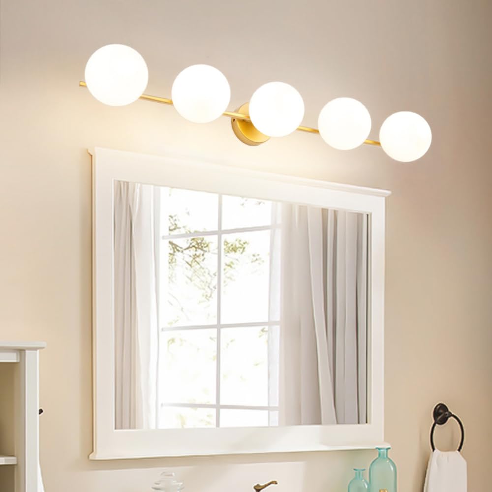 XINYASEE Applique murale d'intérieur Lampe murale de salle de bain en boule de verre blanc laiteux, lampe miroir adaptée à la salle de bain, au salon, à la chambre, etc. (5 têtes)
