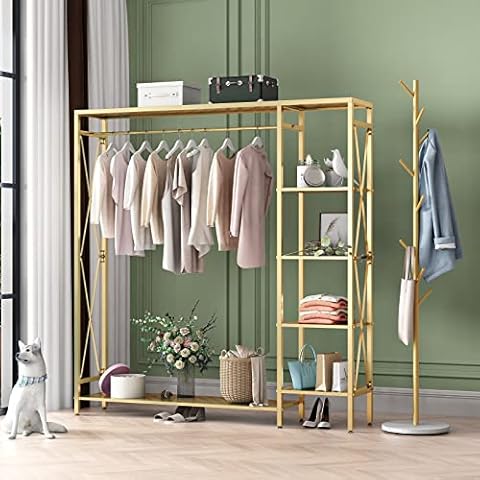 TIEOU Gold Clothing Rack with Shelves, Standing Garment Rack, Clothes Rack for Hanging Clothes, Modern Rack Clothes, Gold Clothes rack,Wardrobe Closet, Industrial Clothing Rack, Gold Cover
