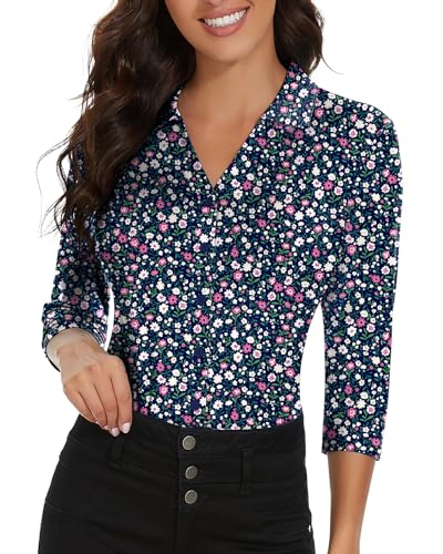 Image of Soneven Womens Golf Polo Shirts 3 /4 Long Sleeve V Neck Button Down Shirts Business Causal Work Blouses Tops