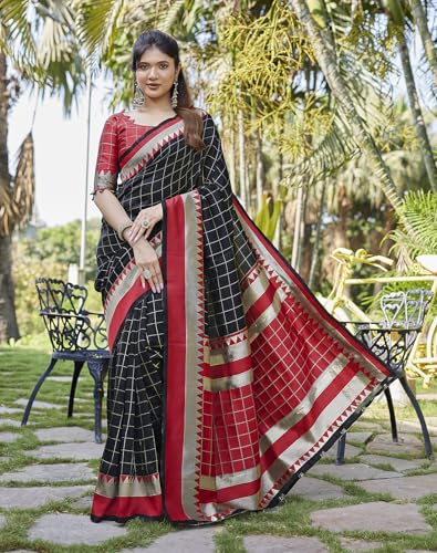 Image of Yashika Women's Banarasi Kanjivaram Art Silk Saree|Sarees for Women (AZ-YS-P1-CHECKS BLACK)