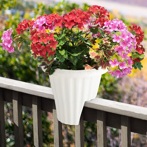 Railing Planter Box 2-Pack - 13.5-Inch Round Outdoor Flower Pots with Drainage Inserts - 2.64-Gallon Outdoor Planters for Porch, Deck, Fence, or Balcony Railings 3” - 3.75” Wide by Pure Garden (White) by Pure Garden - Image 9