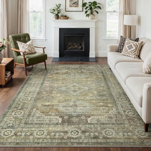 GENIMO Tapis Salon Vintage Style Persan, Moquette Lavable en Machine avec Dessous Antidérapant, Tapis Décoratif pour Chambre, Cuisine, Entrée et Maison, Vert,160x230CM