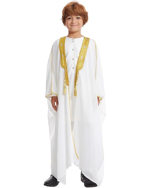 IDOPIP Muslim Thobe for Boys Islamic Arabic Kaftan Robe Ramadan Kids Long Sleeve Embroidery Tassels Open Front Cardigan Thobe
