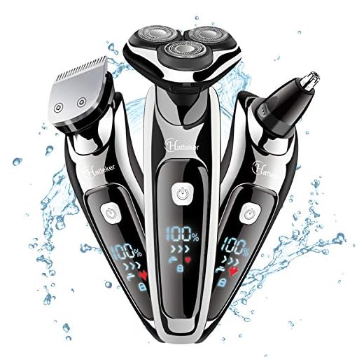 HATTEKER Mens Electric Shaver Razor Beard Trimmer Rotary Shaver Cordless Sideburn Trimmer Nose Trimmer Wet Dry Shaver Waterproof USB Rechargeable 3 in 1