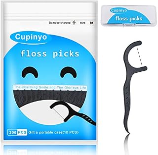 Cupinyo Dental Floss Picks - 200pcs Mint Flavoured Floss Sticks - Activated Charcoal Floss Sticks, Dental Sticks Mint, Floss Sticks Charcoal, Tooth Picks, Teeth Cleaning, Gift a Portable Case