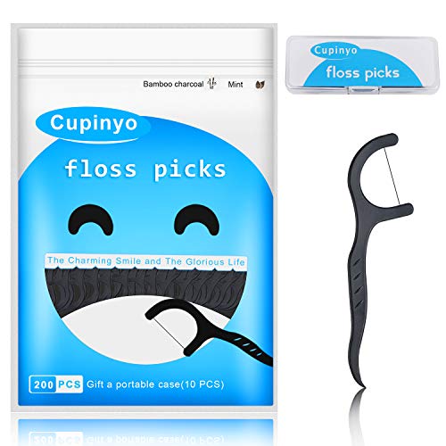 Cupinyo Dental Floss Sticks - 200pcs Mint - Charcoal Toothpicks, Dental Floss Picks, Portable Box