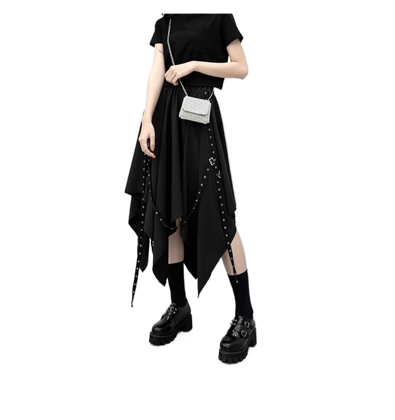 Falda Gótica para Mujer Falda Irregular for niña, Estilo gótico, Estilo Punk Callejero, con Lazo Oscuro y Hebilla de Tejido de Viento, de Longitud Media