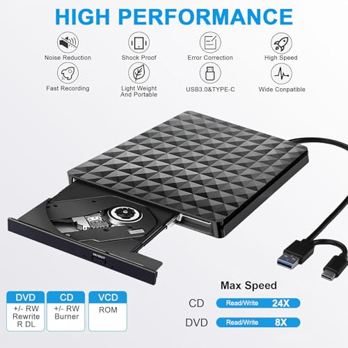 OrcoW External CD DVD Drive, Type-C USB 3.0 Portable CD/DVD +/-RW ROM Burner Rewriter,Player Optical DVD Drive External Disk Drive for Laptop PC, Desktop,Mac, IOS, Windows 11/10/8/7 /XP/Vista/Linux - Image 5