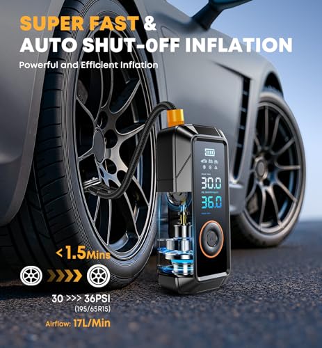 Image of Tire Inflator Portable Air Compressor, Cordless & 12V DC Air Inflator for Car Bikes MotorcycleTires Balls with Auto Shut-Off, Digital Pressure Gauge, Compact Emergency Pump