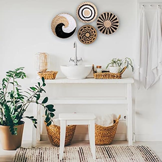 Wall Basket Decor Set of 4 - Black, Brown & White - Woven Macrame Wall Baskets - Hook Attached for EASY Hanging - Boho Wall Decor for Farmhouse Style - Rattan baskets