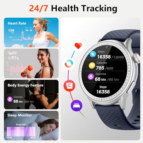 Image of Smart Watch for Men Women Answer /Make Call, 1.46'' AMOLED Ultra-Clear Screen Fitness Tracker with Heart Rate /Sleep /SpO2 Monitor, 3ATM Waterproof Smartwatch for iPhone /Samsung /Android, 110+ Sport, Blue