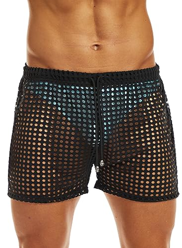 MIZOK Men's Hollow Openwork Short Sexy Fishnet See Through Boxer Shorts Lounge Swim Cover Black M2