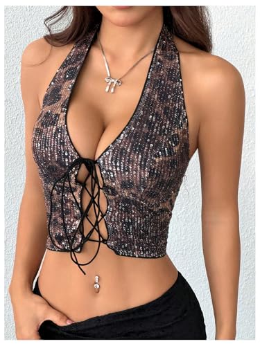 MakeMeChic Women's Leopard Print Halter Crop Tops Sequin Sparkly Lace Up Club Tank Top4