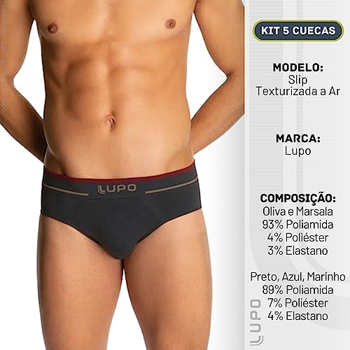 Kit 5 Cuecas Slip Texturizadas a Ar Lupo Sem Costura Masculino Adulto Preto GG