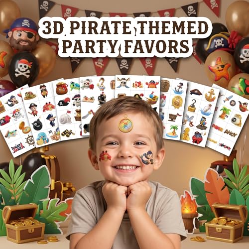 Image of 96 PCS Pre-cut Pirate Temporary Tattoos for Kid, 8 Sheets 3D Kawaii Cartoon | Pirate Party Favors, Waterproof Fake Tattoos Stickers for Boys Girls Goodie Bag Fillers, Treasure Birthday Decorations