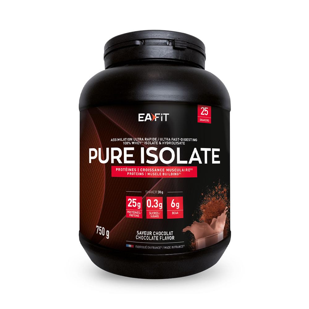 EAFIT Proteine in Polvere Isolate 750g |Cioccolato| Pure Whey Proteine Isolate| 25g di protein e 6 g di BCAA per porzione | Basso zuccheri e grassi |Per aumento della massa muscolare