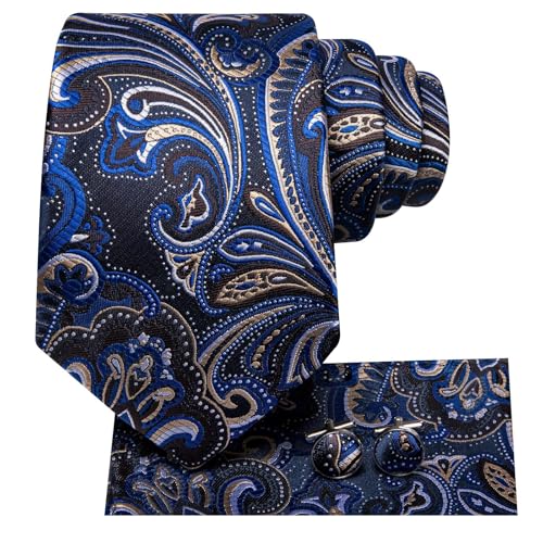 Image of Hi-Tie 70 inches Ties for Men Silk Extra Long Necktie and Pocket Square Cufflinks Set Men Big and Tall Tie Business