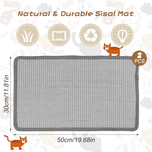 2 Sisal Teppich Katzen Kratzbrett Wand, Kratzmatte Katze, Natürliche Katzenkratzbretter Sisal Kratzteppich 50x30 cm, Widerstandsfähig Katzenmöbel Fußmatte Sisalmatte Kratzpads für Katzen (Grau) - 2