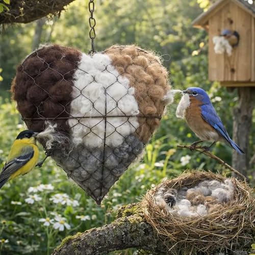 Handmade Fiber Bird Nesting Heart, Refillable, Heart Shape, Includes 2 Bags of Nesting Materials, for Hummingbirds, Garden Decor,Winter Fowl Gifts Animal Hummingbirds Lovers Home (1 Set)