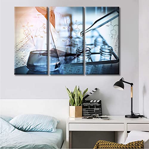 Image of TUMOVO Laboratory Wall Art 3 Panels Canvas Wall Art Scientist and Test Tubes Laboratory Concept Painting Wall Decor Living Room Modern Home Decor Framed Ready to Hang (36 inch Wx24 H)