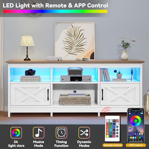 DWVO TV Stand for up to 65 Inch TV, Entertainment Center with Storage, TV Cabinet with Power Outlet & LED Light Strip, Media Console Television Stands for Living Room, White & Walnut