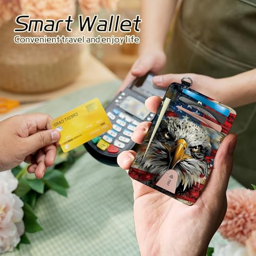 Image of Small Travel Wallets, Eagle American Flag Slim Minimalist Front Pocket Wallet with Wristlet, RFID Blocking PU Leather Credit Card Holder with ID Window Change Purse for Men Women