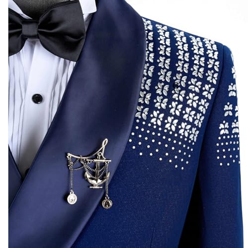 Men's RoyalBlue Tuxedo with White Rhinestones Slim Fit Shawl Lapel Blazer Jackets for Wedding,Party,Prom4
