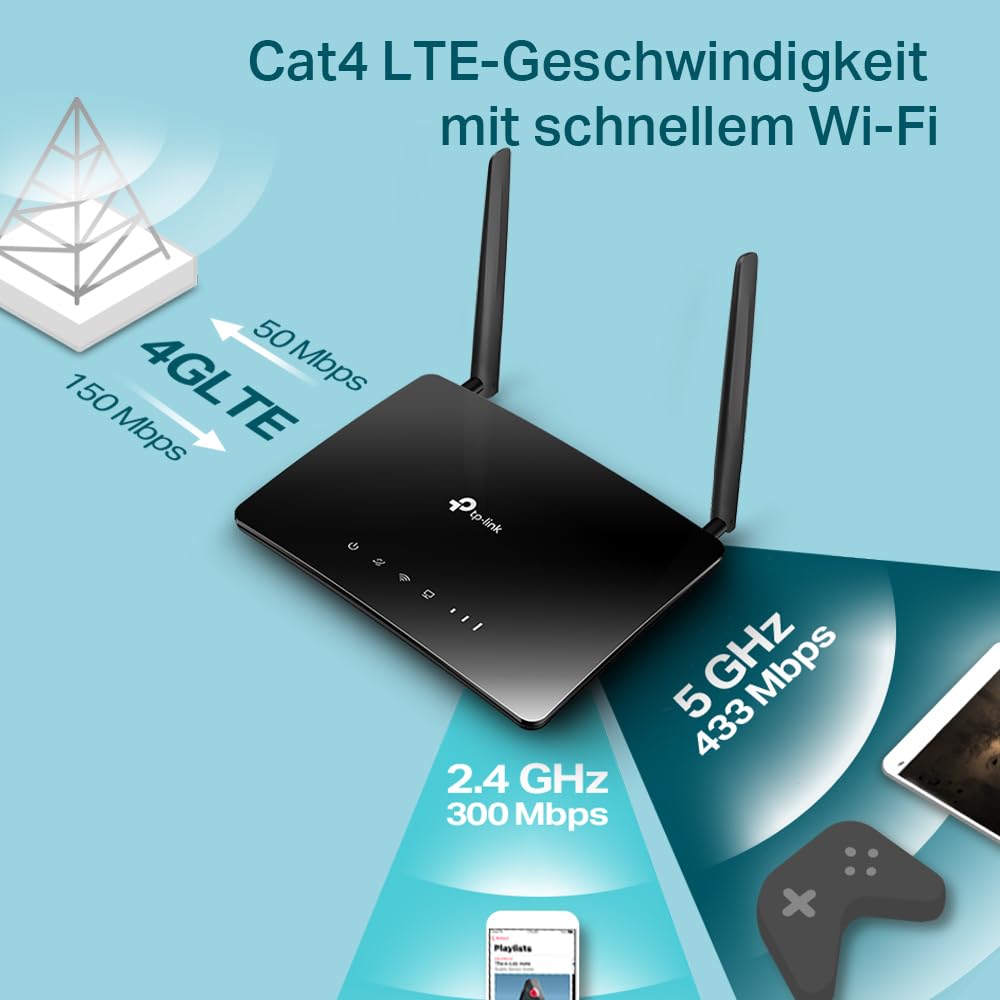 TP-Link Archer MR202 LTE Router, 4G Router SIM Karte, WLAN Dual-Band AC750, 4G Cat4 bis zu 150 Mbit/s, 4 Ports, Plug and Play, MU-MIMO, TP-Link One Mesh