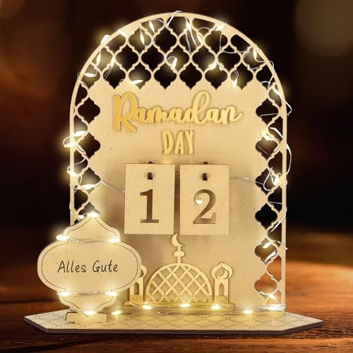 Giftota Ramadan Kalender mit LED Lichterkette Ramadan Deko Aus Holz Ramadan Mubarak Dekoration Eid Mubarak Dekoration Ramadan Kalender Kinder Familien