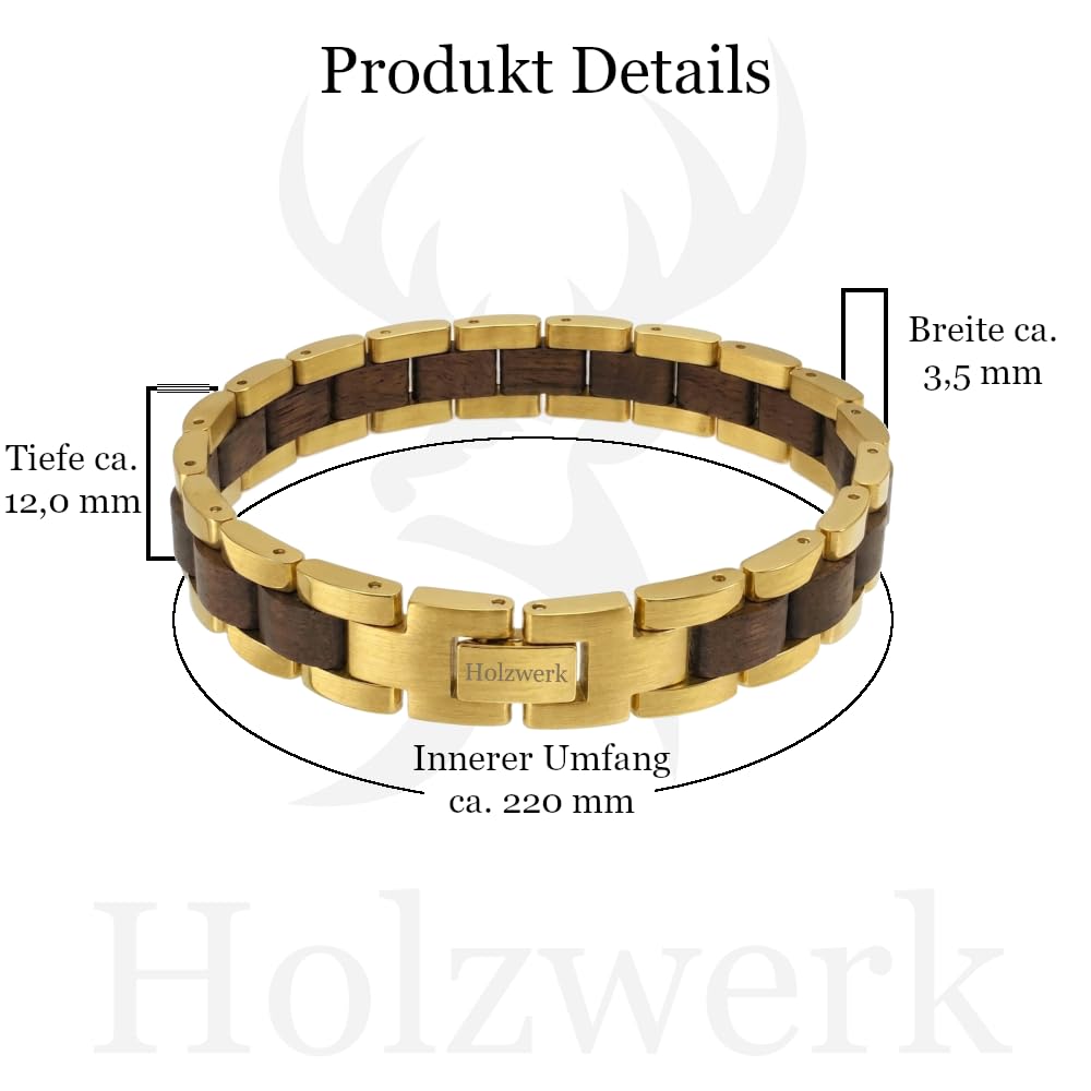 Holzwerk - Bracciale in legno naturale per uomo e donna, in legno, da uomo, colore marrone e oro, regolabile, con brevi e scatola di immagazzinaggio