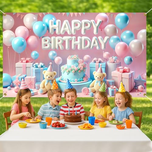 Image of Happy Birthday Backdrop 70.8x43.3in, Pink Blue Pastel Teddy Bear Photography Background Photo Booth Banner Spring Easter Birthday Party Decorations Supplies for Baby Girls Boys Kids Toddlers