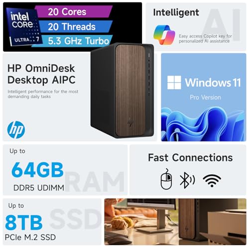 HP 2025 OmniDesk Business Next Gen AI Desktop PC, Intel Core Ultra 7 265, NVIDIA GeForce RTX 5060, 32GB DDR5 RAM, 1TB SSD, HDMI, DP, KB & Mouse, Win 11 Pro, Bundle with Adata 512GB External SSD