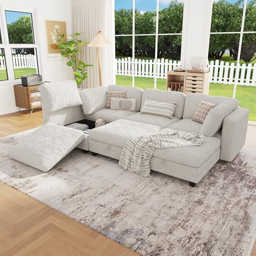 Image of 99 inch Modular Sectional Chenille Sofa bed with Hidden Storage, Comfy Modern 6 Seater Oversized Deep Seat Couch, Modular Sectional with Ottoman and Removable Cover for Living Room, Apartment, Beige